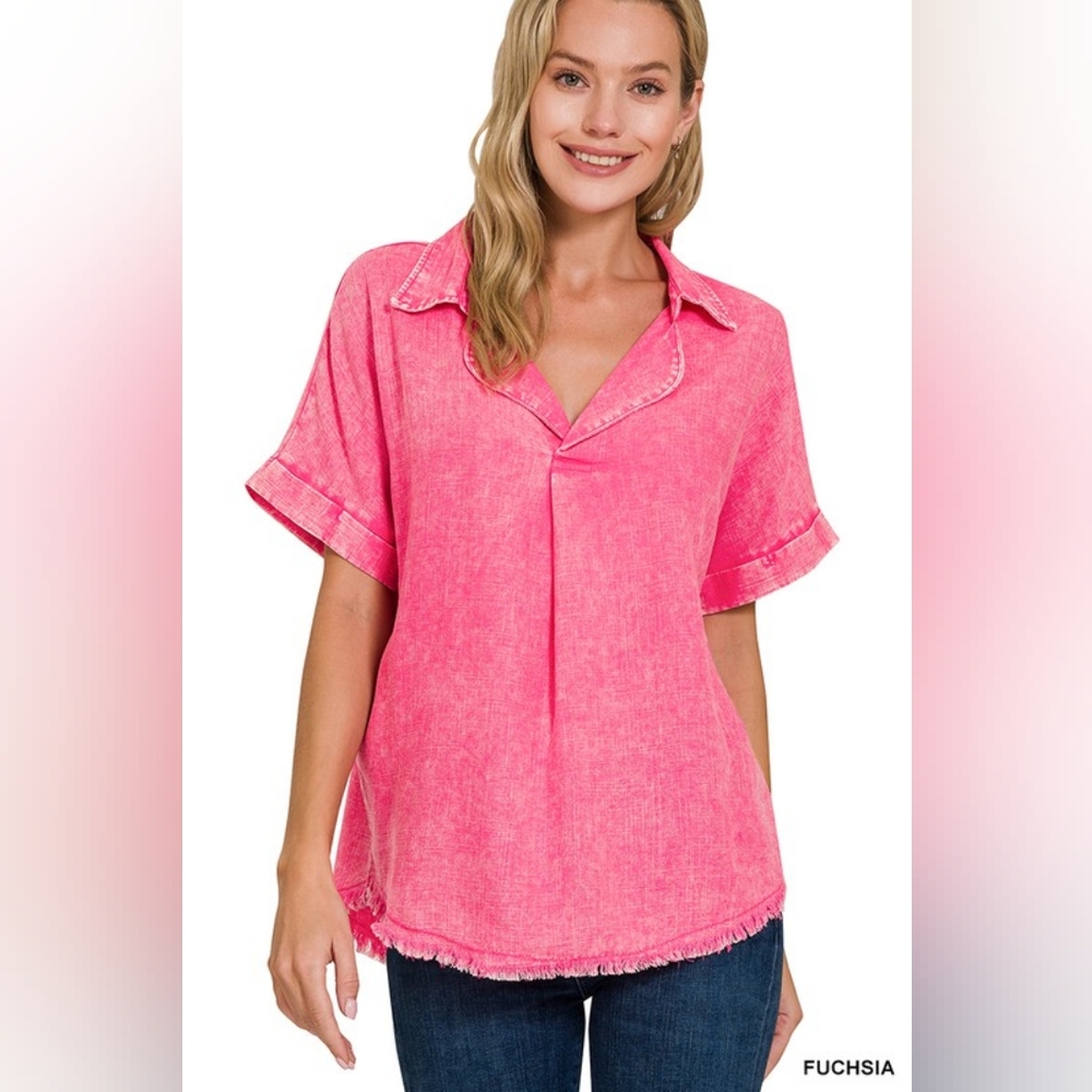 NWT - Washed Linen Blend Raw Edge V-Neck Fuchsia Shirt - Size L